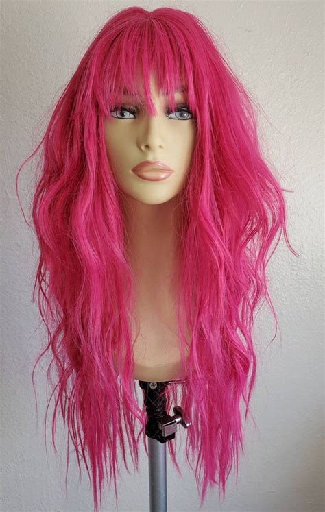 hot pink long wig|long pink curly wig.